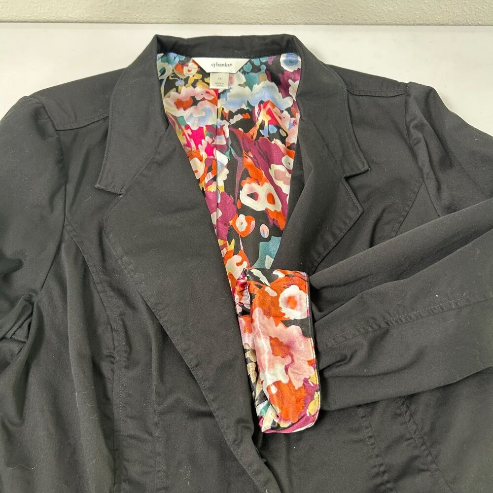 CJ Banks Blazer Jacket Womens 1X Black Two Button Stretch Floral Cuff Office - Picture 8 of 15